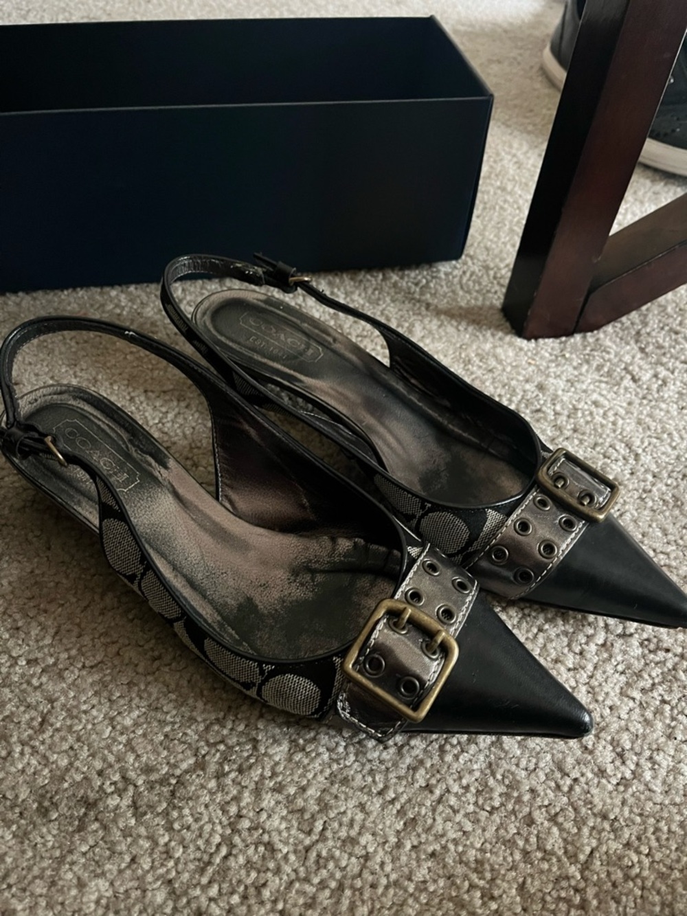 Coach Black Pointed Toe Slingback Mules with Buckle Detail